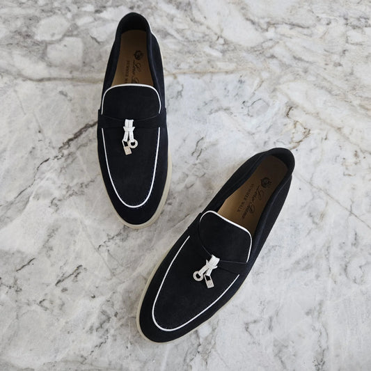 Loro Piana Summer Walk Charms Loafers, Suede, Navy/White.
