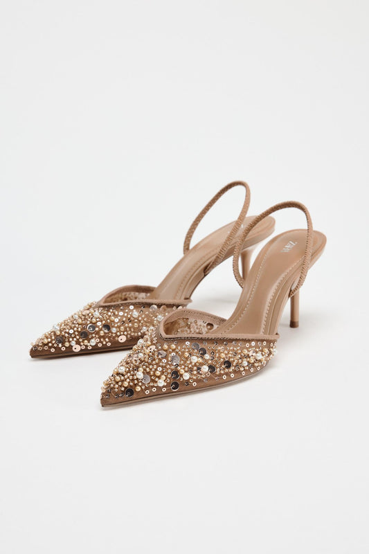 ZARA MESH AND BEAD SLINGBACK HEELS