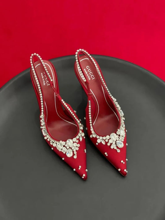 Gucci Crystal Embellished High Heels with Red Back Strap
