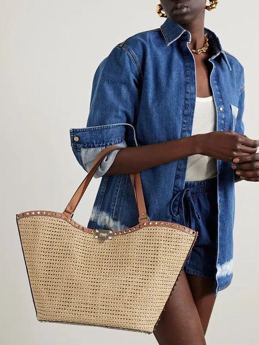 VALENTINO GARAVANI Rockstud Leather and Raffia Tote