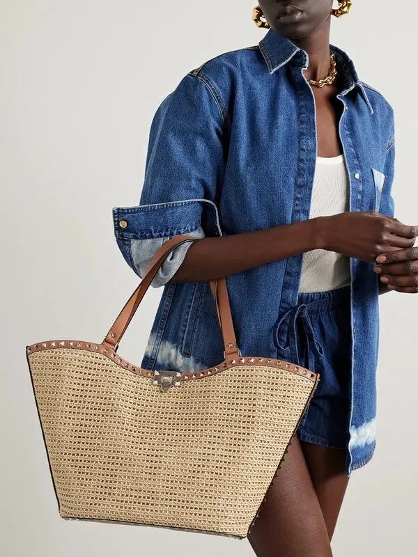 VALENTINO GARAVANI Rockstud Leather and Raffia Tote