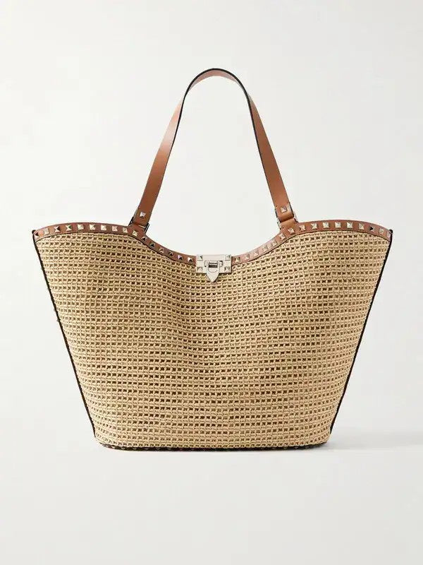 VALENTINO GARAVANI Rockstud Leather and Raffia Tote