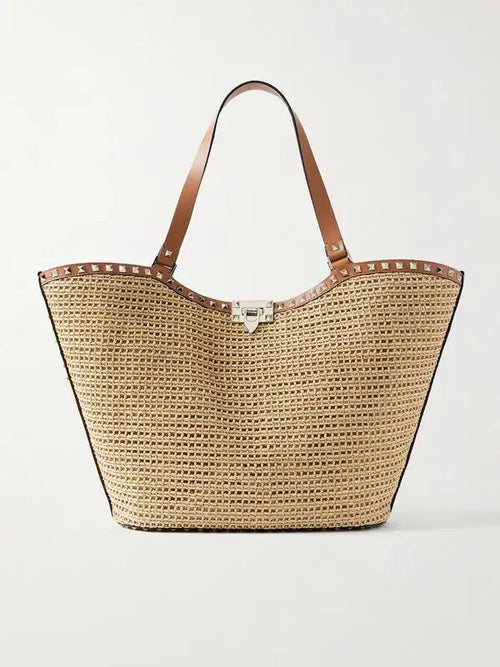 VALENTINO GARAVANI Rockstud Leather and Raffia Tote