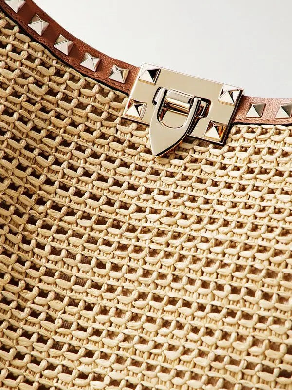 VALENTINO GARAVANI Rockstud Leather and Raffia Tote